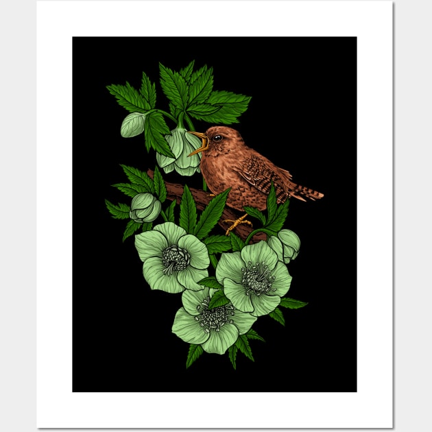 Wren and hellebore Wall Art by katerinamk